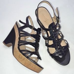 Women's black wedge heel sandal shoes, size 8 1/2.